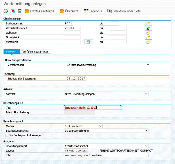 Figure 2: On the entry screen, users can select the properties to be valued and define the valuation date, output mode and method parameters for the valuation.  Einstiegsmaske zur PROMOS Beleihungswertermittlung