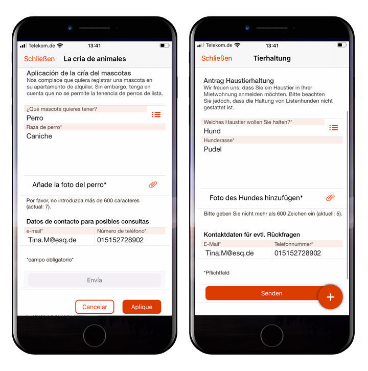 Now the user can complete the form in the desired language. After a click on the “Accept” button, the relevant fields are translated back into German. The form can now be sent. Die neue Übersetzungsfunktion der easysquare Mieter-App ermöglicht eine Übersetzung wichtiger Formulare in beide Richtungen.
