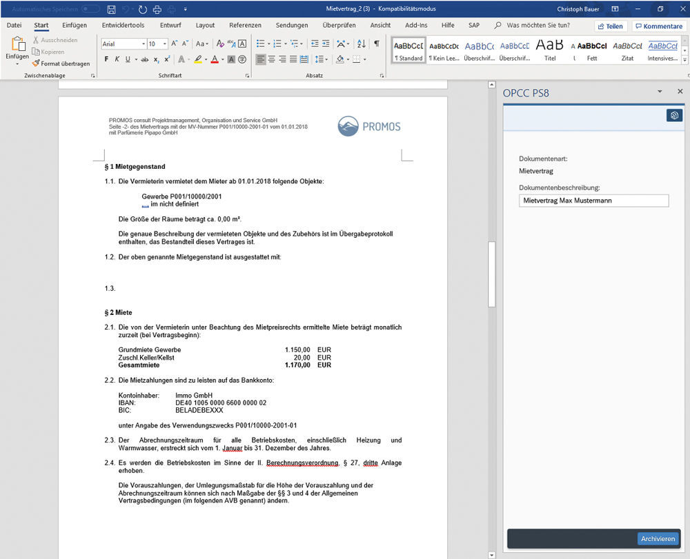Figure 1: The document called up is opened in Microsoft ® Word. Communication with SAP ® is controlled via an integrated Fiori ® app. Microsoft Word Integration in OPCC mit SAP Fiori