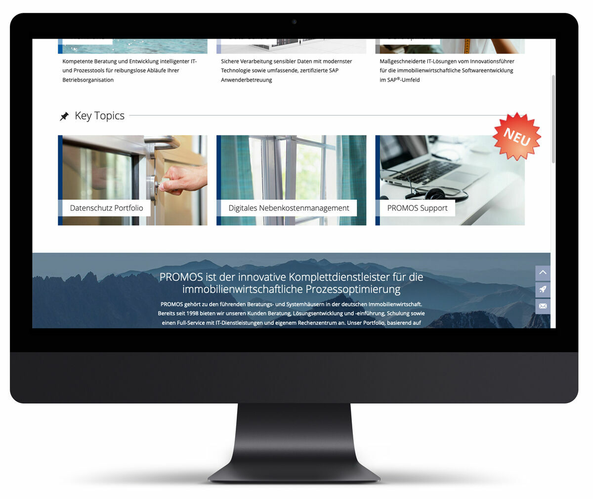 The new Key Topics category allows you to quickly jump to the top PROMOS topics.  Dank der neuen Key Topics können Sie sich über das Nebenkostenmanagement, den Datenschutz und den PROMOS Support schnell und einfach informieren.