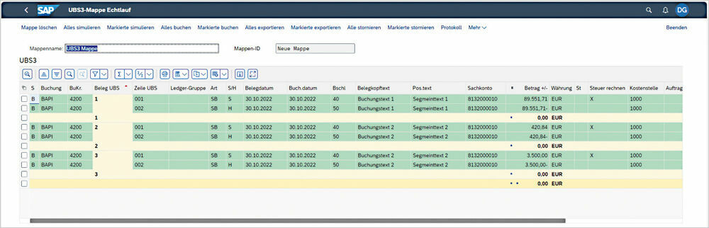 Figure 1: In the overview of the imported data, there are new functionalities for data storage, mass cancellation and document simulation. Echtlauf-Mappe der Universalbuchungsschnittstelle von PROMOS