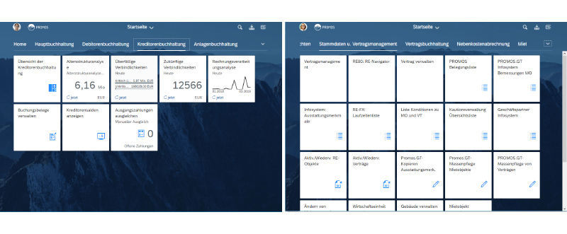 Figure 2: The launchpad interface serves as the central point for employees to access their daily work. The displayed functions therefore vary according to the role and position of the user. Das Launchpad mit den PROMOS Lösungen für das digitale Immobilienmanagement