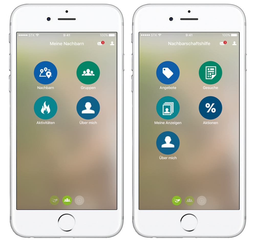 Abbildung 1: Startmasken der Bereiche „Meine Nachbarn“ und „Nachbarschaftshilfe“. Startscreens der beiden easysquare Dienste "Meine Nachbarn" und "Nachbarschaftshilfe"