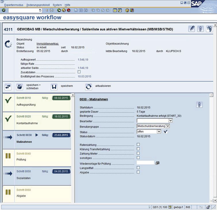 Figure 1: If a new order is to be processed, it is displayed in the work basket and processing can be easily traced based on the visualised process structure. Auftragsbearbeitung zur Mietschuldnerberatung in easysquare workflow bei der Gewobag Berlin