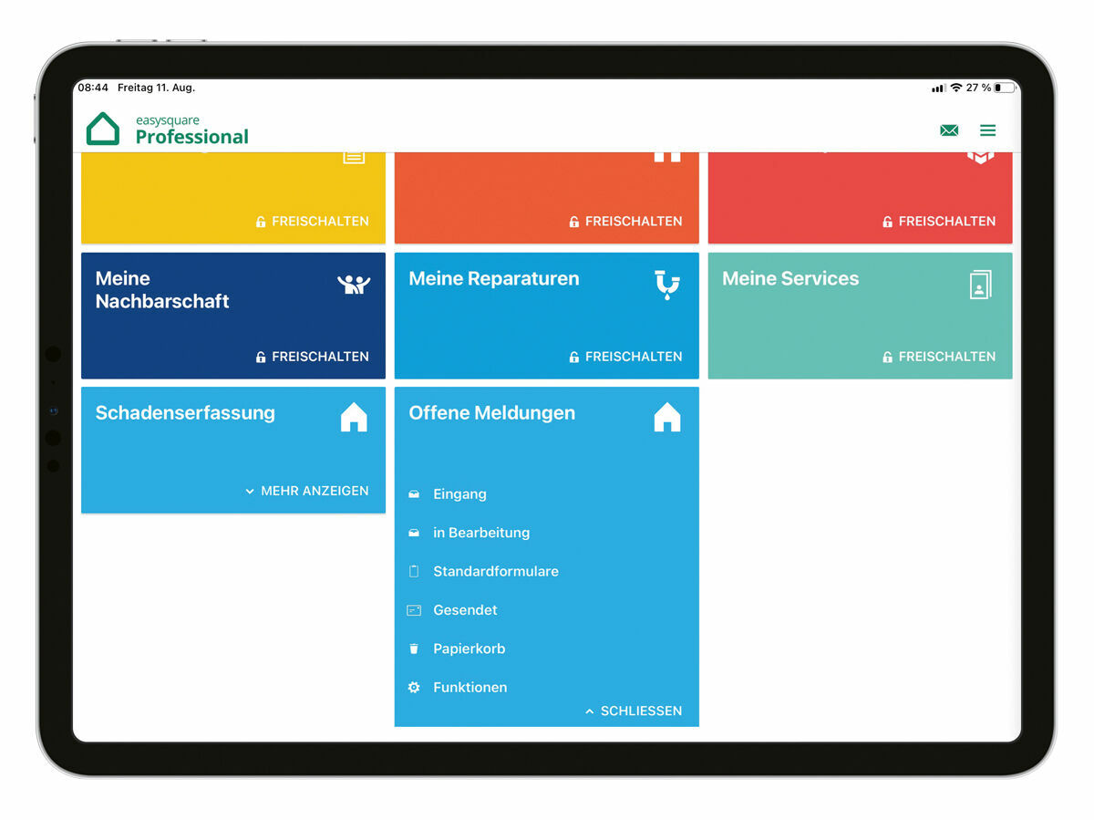 Figure 1: Defects that have previously been recorded can be viewed in the easysquare professional app using the new “Open reports” tile. Über die neue Kachel „Offene Meldungen“ können in der easysquare Professional App bereits erfasste Schäden eingesehen werden.