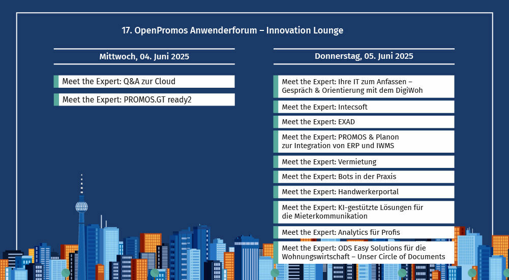 Weitere Agenda-Highlights: Neues Prozess Dashboard der TAG und Briefpostverarbeitung mit ODS Mit dem heutigen Tag können wir zwei weitere wichtige Slots in unserer Agenda lüften. Wir freuen uns, die TAG Immobilien AG für einen Kundenvortrag für Sie gewonnen zu haben. Mit ihrem brandneuen Prozess Dashboard gewinnt die TAG Echtzeit Einblicke in ihre Kernabläufe und kann Prozesse nun noch effektiver steuern. Wie sich der Weg bis zur Lösung gestaltete und welche Vorteile das Unternehmen generiert, erfahren Sie live im Vortrag von Ina Hüther. In einem weiteren Vortrag stellt Ihnen Stefan Schröter von unserem Partnerunternehmen ODS – Office Data Service GmbH vor, wie Sie jede Form von Briefpost zuverlässig öffnen, scannen und in Ihren individuellen digitalen Prozess überführen. Auch Postausgangslösungen gehören zum Repertoire des Berliner Unternehmens: Vom Druck über die Kuvertierung und das Frankieren bis hin zum Versand können alle Arbeitsschritte abgedeckt werden. Beide Demonstrationen verdeutlichen, wie Sie digitale und analoge Welten nahtlos zusammenführen. Diskussion auf Augenhöhe: Panel-Talk zu Managed Business Services Nicht alles, was läuft, läuft noch lange rund. Denn die Bedingungen, unter denen Immobilienunternehmen agieren, verändern sich rasant – gesellschaftlich, politisch und technologisch. Unser Panel-Talk wirft einen kritischen Blick auf die Rolle von Messdienstleistern, Datenhoheit und digitaler Selbstbestimmung im Kontext wachsender Anforderungen und Ressourcenknappheit. Gemeinsam mit Raphael Grübel (GWG Reutlingen), Claus Jungmann (intecsoft) und Dirk Krause (PROMOS) diskutiert Moderator Stefan Klotz, wie sich operative Last in strategische Leistung verwandeln lässt – durch mutige Entscheidungen, partnerschaftliche Zusammenarbeit und intelligente IT-Lösungen. Drei Perspektiven, ein gemeinsames Ziel: mehr Effizienz und Souveränität für die Wohnungswirtschaft. Jetzt Agenda sichten und Innovation erleben! Das OpenPromos Anwenderforum 2025 bringt Wissen, Austausch und konkrete Lösungen zusammen. Werfen Sie einen Blick in unsere Agenda, melden Sie sich an und sichern Sie sich Ihren Platz in der Innovation Lounge – dort, wo aus Ideen Anwendungen werden.