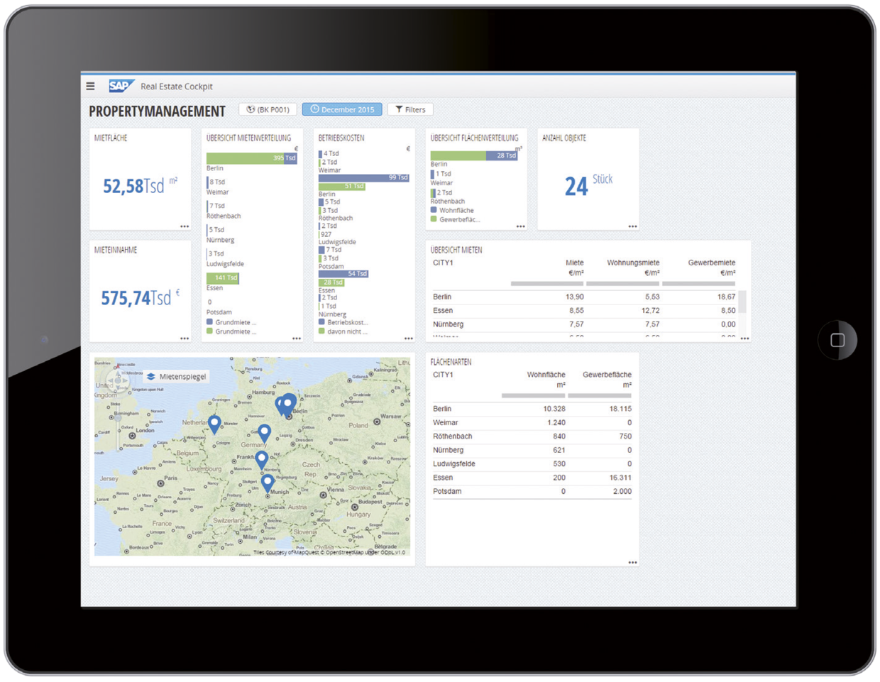 Figure 3: Mobile use of the Real Estate Cockpit on the iPad; example of a dashboard for the property management role. Mobile Nutzung des Real Estate Cockpit auf dem iPad am Beispiel eines Dashboards für die Rolle Property Management