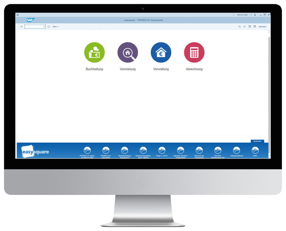 Figure 1: The user can access all key areas from within the PROMOS.GT start screen. PROMOS.GT Startmaske von der RVI Unternehmensgruppe