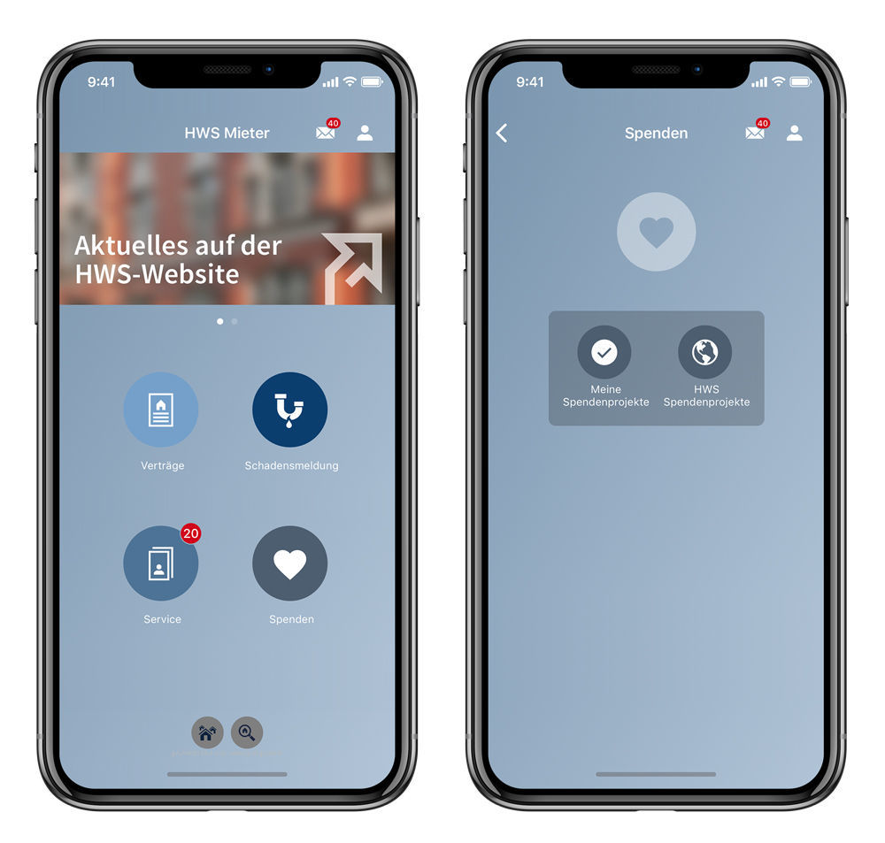 In addition to the “classic” services of a tenant app, HWS has integrated the convenient donation function.  Spendenfunktion in der Mieter-App der Hilfswerk-Siedlung GmbH (HWS) powered by easysquare