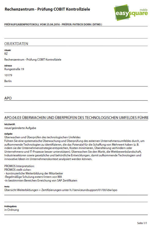 Figure 3: PDF document to provide evidence of inspection measures performed. PDF-Dokument zum Nachweis durchgeführter Cobit-Prüfmaßnahmen mit der easysquare mobile App
