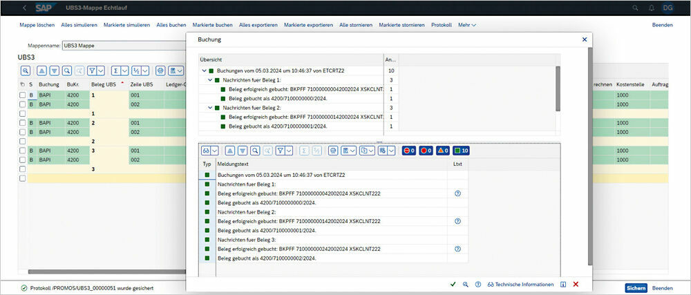 Figure 3: UBS 3.0 generates a log of the postings. Protokoll der Buchungen in der Universalbuchungsschnittstelle