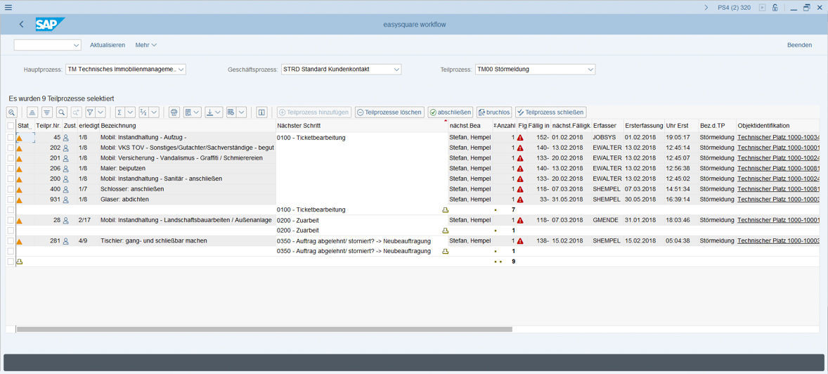 Figure 1: Using your list of outstanding processes, you can easily obtain an overview of the processing status of your fault reports in easysquare workflow. Overdue tasks land in the personal work basket of the employee responsible and it is no longer possible for a single process to be forgotten.  Übersicht von Störmeldungsprozessen in easysquare worklfow