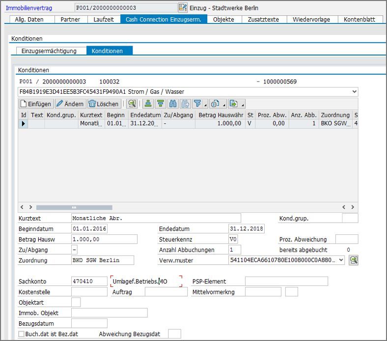 The direct debit authorisation and its conditions can be maintained on the Cash Connection tab. PROMOS Cash Connection zur Pflege der Einzugsermächtigung sowie deren Konditionen