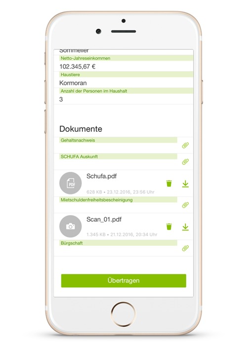 Figure 1: Reduced workload on both sides, with prospective tenants determining themselves which documents are to be available to the housing company and for how long.  Datenschutzkonforme Dokumentenverwaltung in der easysquare Interessenten-App