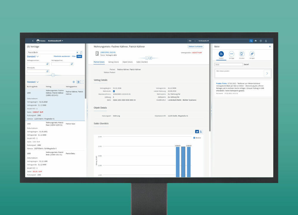 With digital account information, real estate managers can access all the relevant data on a rental relationship at any time with a single click. Schnelle Informationen zur Mieterschaft in der PROMOS Kontoauskunft für SAP Fiori