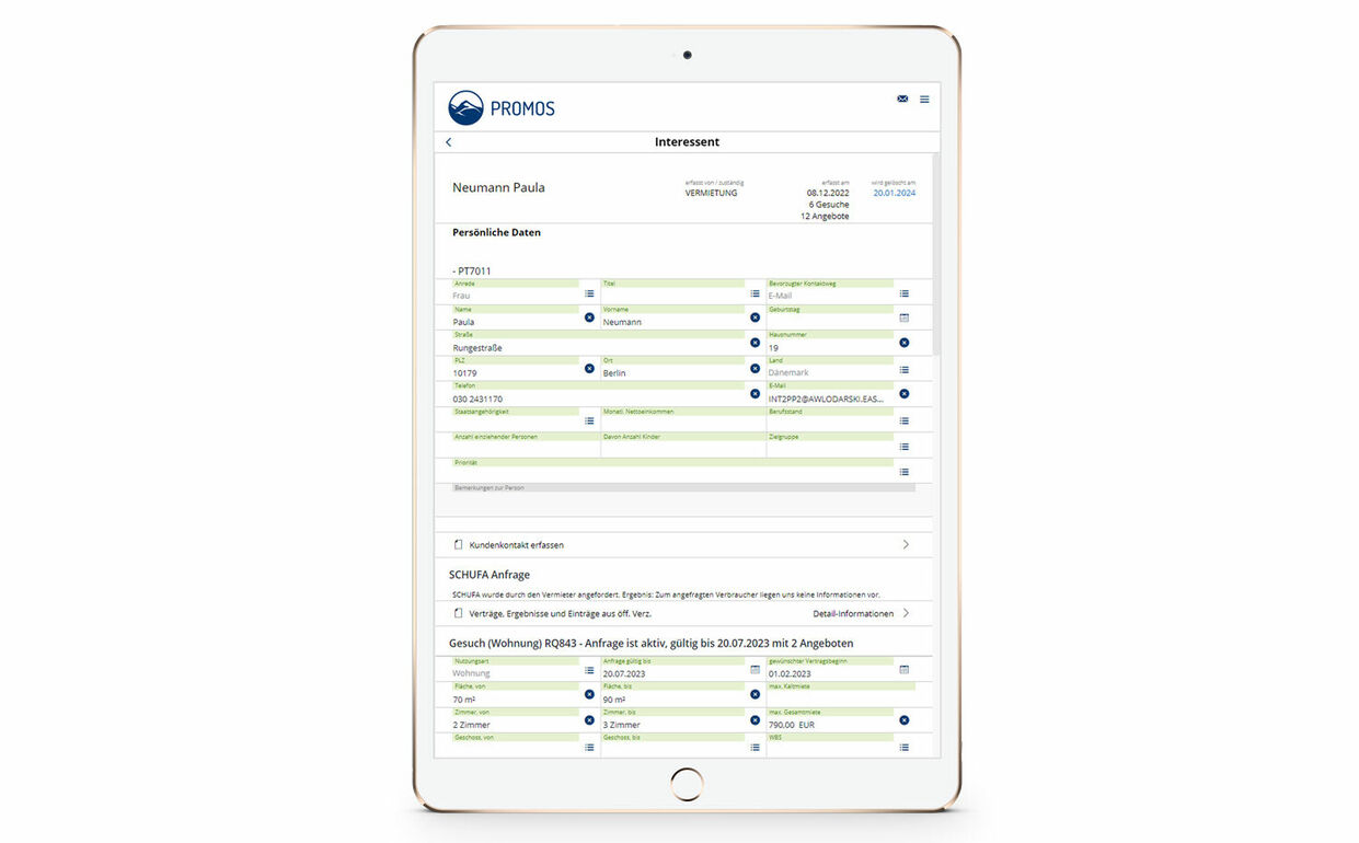 Figure 1: The result of the SCHUFA report is displayed in the detailed information about the potential tenant.  Schufa-Anbindung für die mobile easysquare Vermietungslösung