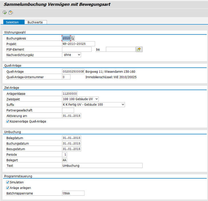 Selection mask for compound entry of assets Selektionsmaske für die Sammelbuchung von Vermögen in der PROMOS Lösung zur Wohnungsprivatisierung