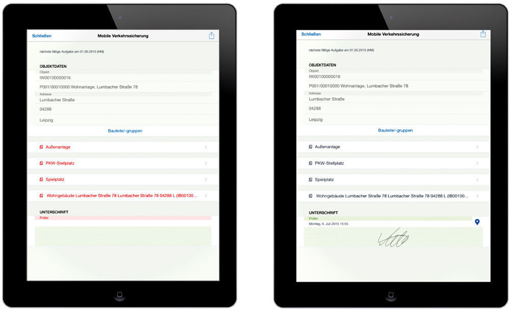 Figure 2: With the easysquare mobile app, data can be easily entered on site via a mobile device and then seamlessly transferred to the central ERP system.  Mobile Datenerfassung mit der easysquare mobile App auf dem iPad.