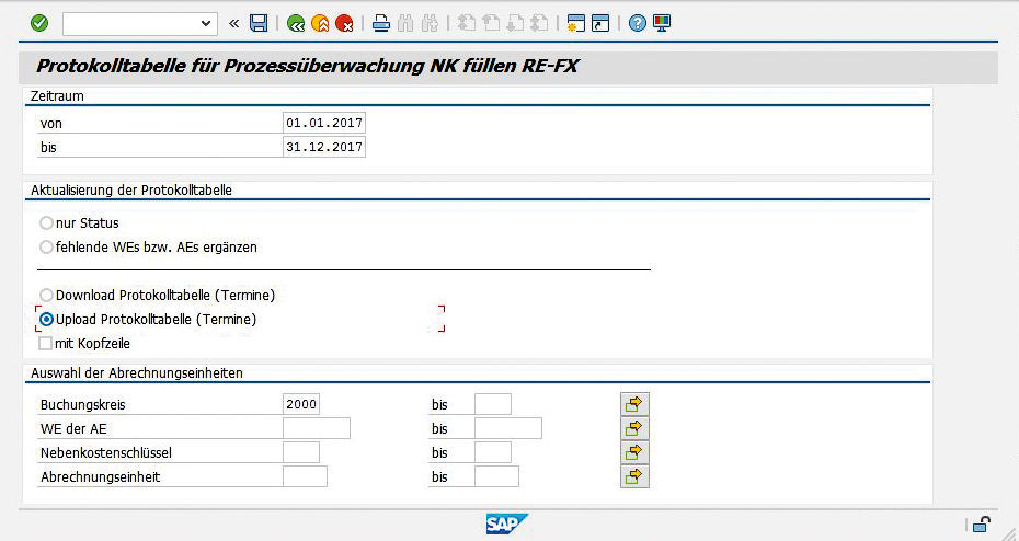 Figure 2: Plan data can be maintained easily and conveniently en masse using transaction /PROREX/NKPUFILL. Protokolltabelle für Prozessüberwachung Nebenkosten