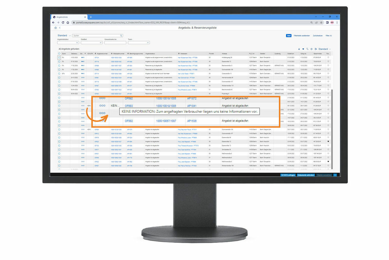 Figure 2: The result of the SCHUFA report can also be viewed directly in the list view.  Statusmeldung zur Schufa-Auskunft in der easysquare Vermietungslösung