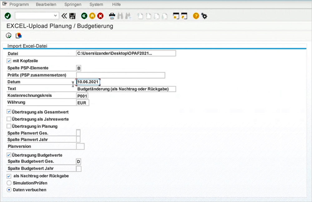 Figure 3: A new application enables you to maintain and change budgets via an Excel upload.  Pflege und Änderung von Baubudgets per Excel-Upload in der PROMOS Lösung für SAP