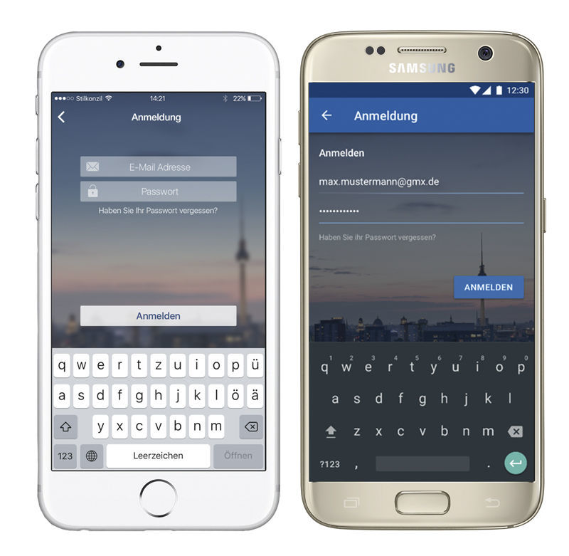 Figure 2: The “Log in” button on the iPhone is centred. Here, content is aligned to the right. Vergleich der easysquare mobile App zwischen Android und iOS