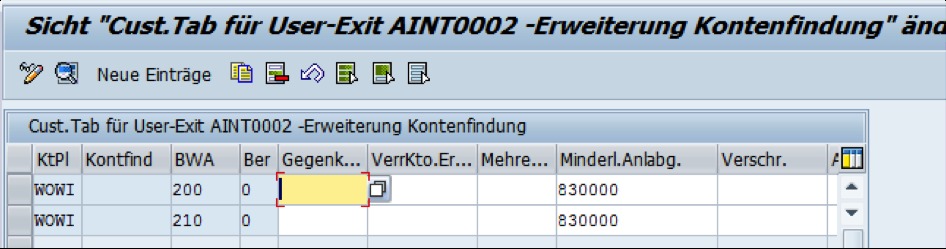 Selektionsmaske zur Übersteuerung der Kontenfindung Selektionsmaske zur Übersteuerung der Kontenfindung