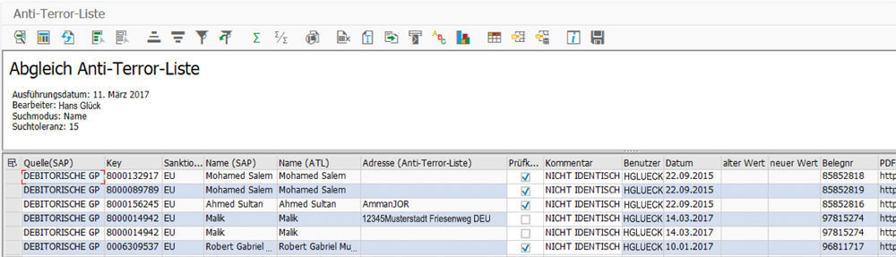 Fig. 2: Results list of found business partners  Ergebnisliste gefundener Geschäftspartner in der PROMOS Sanktionslistenprüfung