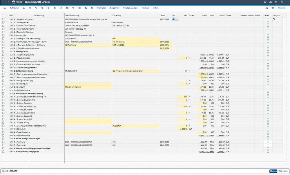 Figure 1: Invoices can be clearly checked on a screen. Construction specifications, such as partial invoices, retentions and deductions, are taken into account in the check sheet. Digitale Rechnungsprüfung von Bauleistungen in SAP