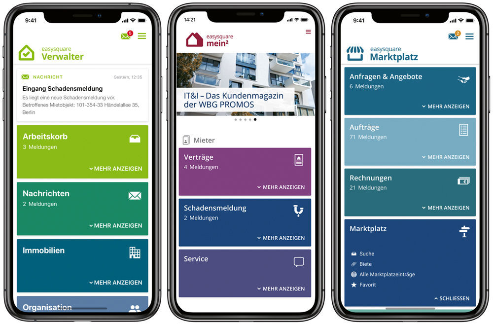Figure 1: The new administrator app is efficient and transparent, digitising all processes and bringing them together in a central location (left). The mysquare app allows tenants, owners and potential tenants to submit their requests directly in a straightforward manner (centre). The marketplace app offers all the options required for craftsmen and service providers to process orders digitally (right). Die ready-to-run Apps von easysquare sind sofort einsatzbereit für die Immobilienverwaltung von kleinen Bestandshaltern und Eigentümern