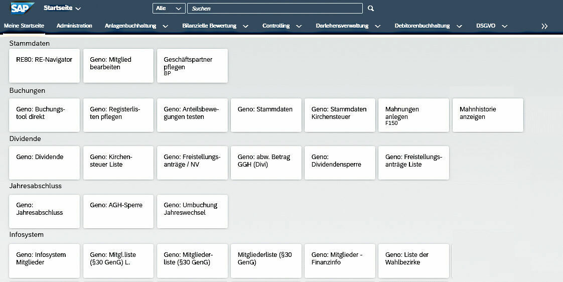 Figure 3: In the Fiori ® Launchpad, all important applications of the cooperative administration can be called up in a task-oriented manner.  Übersicht der Funktionen der Genossenschaftslösung im Fiori Launchpad