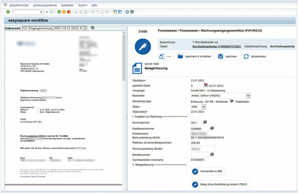 Figure 2: A split screen in easysquare workflow makes releasing invoices easier. Ein Splitscreen in easysquare workflow erleichtert die Rechnungsfreigabe