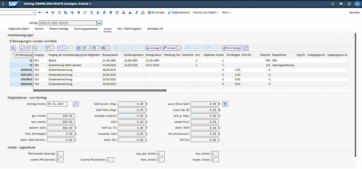 Figure 2: The “Shares” tab of the membership contract clearly lists share movements, subscribed share capital and information on dividend distributions.  Übersicht der Anteilsbewegungen von Genossenschaftsmitgliedern in der PROMOS.GT ready2 Lösung für Genossenschaften