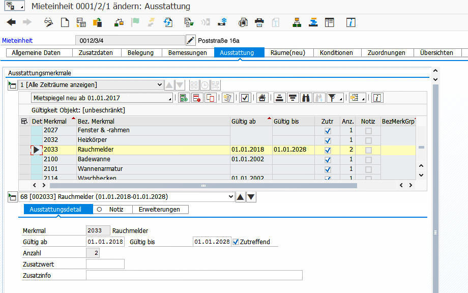 Die Ausstattungsdetails geben Auskunft über Gesamtzahl der im Objekt vorhandenen Rauchmelder und deren Gültigkeit. Die Ausstattungsdetails geben Auskunft über Gesamtzahl der im Objekt vorhandenen Rauchmelder und deren Gültigkeit
