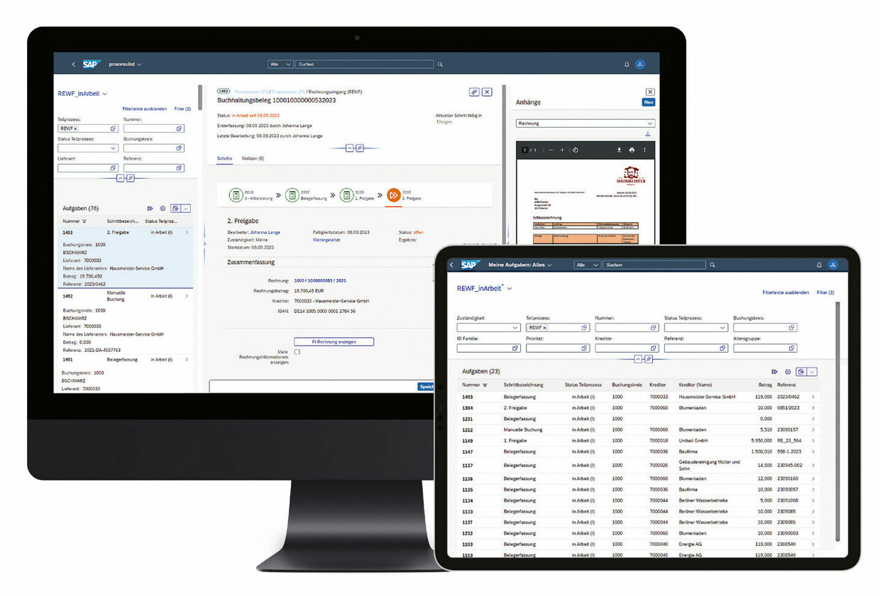 Figure 2: With the digital invoice receipt workflow, bookings can be organised and processed paperlessly and efficiently – whether on a mobile device or computer. Digitaler Rechnungsworkflow in PROMOS.GT ready2