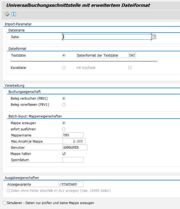 Selection screen for importing transaction data from external sources Auswahlmaske zum Import von Buchungsdaten aus externen Quellen