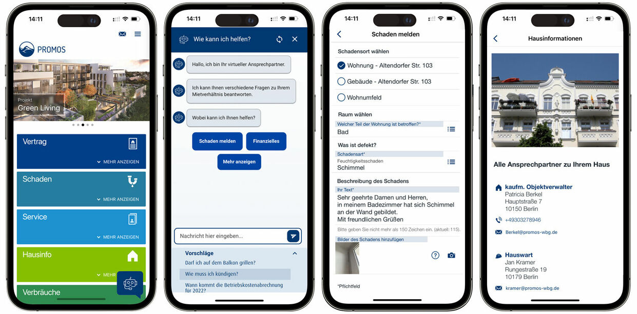 Defects can be easily and completely reported to the landlord using the easysquare tenant app. Mit der easysquare Mieter-App können alle denkbaren Anfragen an den Vermieter geregelt werden.