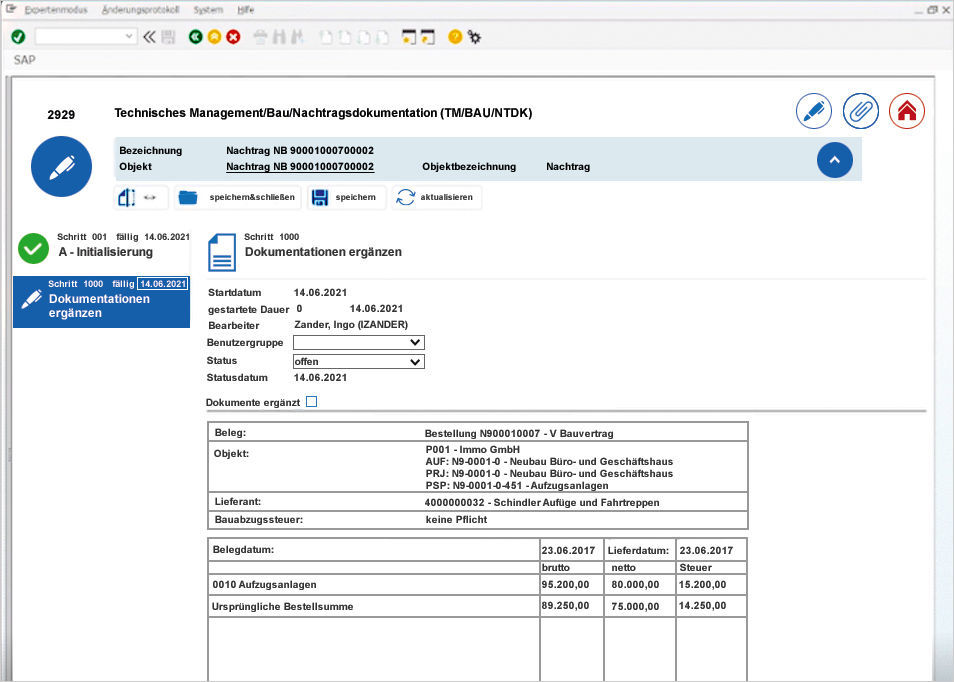 Figure 4: By switching from supplements to BUS elements, easysquare workflow processes can be generated for supplements.  Automatische Generierung von Prozessen zur Nachtragsverwaltung in easysquare workflow dank BUS-Elemente in SAP