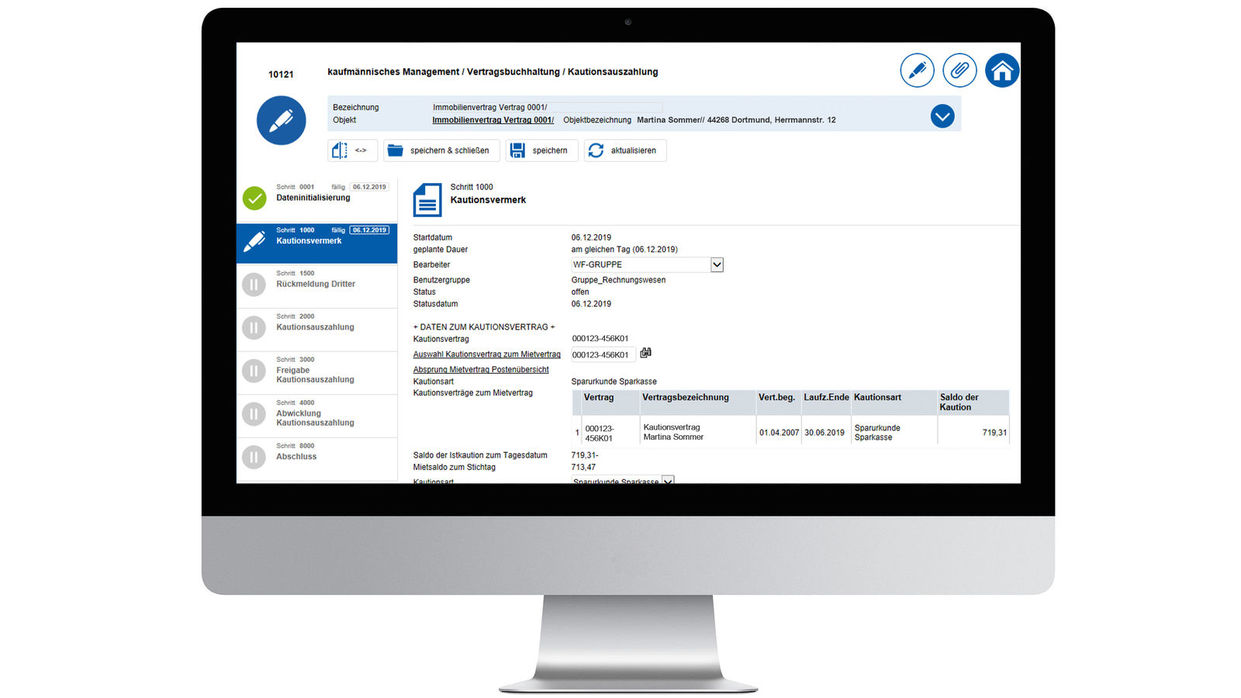 In easysquare workflow, the user sees the balance amount, the lease and the tenant within the deposit payout. In easysquare workflow sieht der Anwender innerhalb der Kautionsauflösung die Höhe des Saldos, den Mietvertrag sowie den Mieter.