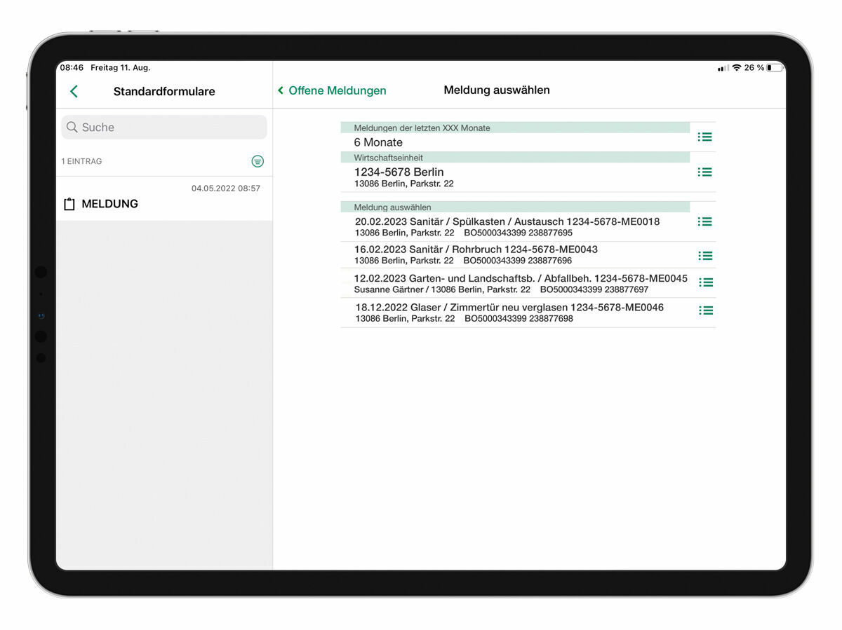 Figure 2: The user sees a list of all the open reports for the selected accounting entity. Offene Schadensmeldungen einer Wirtschaftseinheit in der easysquare Professional App