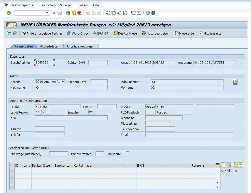 Figure 1: It is clear on the “Partner Data” tab of the member module that the personal data no longer required has been anonymised.  Anonymisierung personenbezogener Daten im Mitgliedermodul von NEUE LÜBECKER gemäß DSGVO