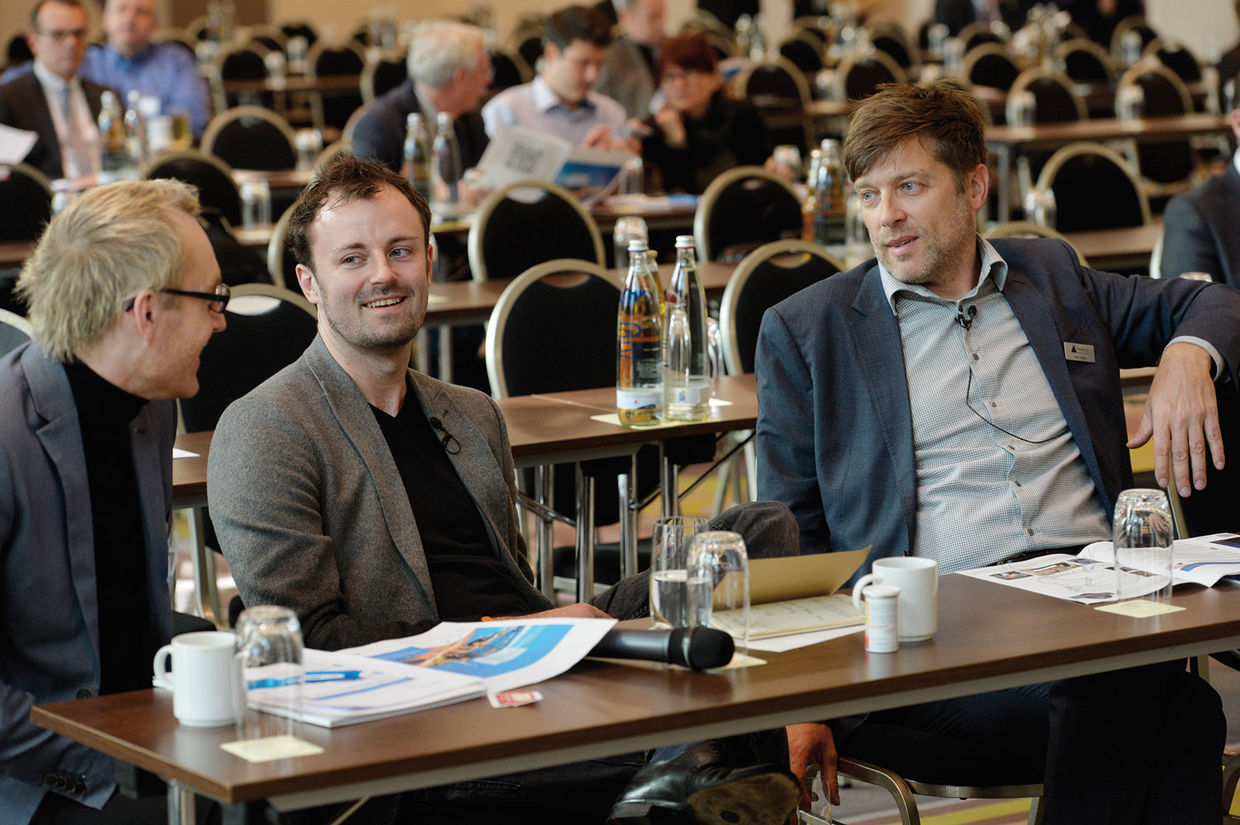 Photograph of Thomas Gawlitta, Dr. Fabian Hemmert and Jens Kramer at the 12th OpenPromos Anwenderforum Foto von Thomas Gawlitta, Dr. Fabian Hemmert und Jens Kramer auf dem 12. OpenPromos Anwenderforum 2015