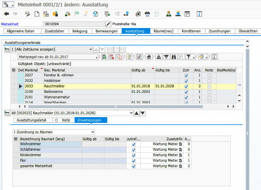 The “Enhancements” tab shows the number of smoke detectors per room. Im Reiter Erweiterungen werden die Rauchmelder pro Zimmer angezeigt
