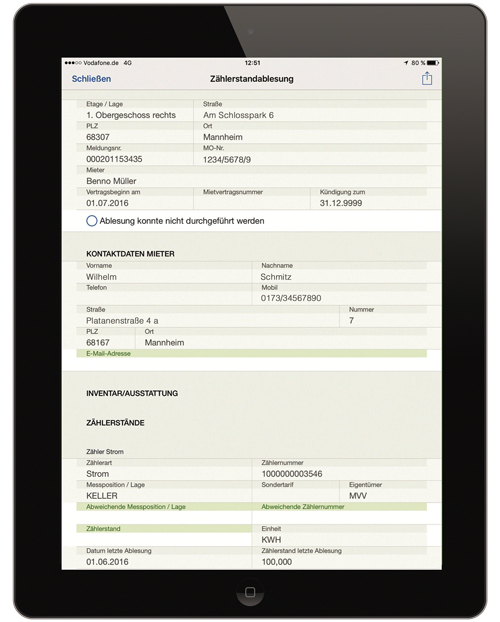 Figure 2: Paperless inspections including meter readings or checks of heating systems, windows, walls, etc. can be conducted using a tablet or smartphone. Zählerstanderfassung in der easysquare mobile App