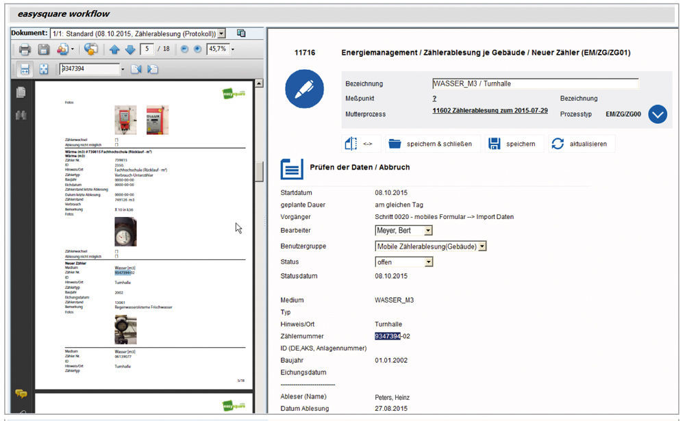 Figure 3: The error-free data recorded via mobile device is available in the central ERP system without the need for manual data entry following an inspection. The data can also be checked using a split screen.  Darstellung des Split Screens zur Einsichtnahme mobiler Daten in easysquare workflow