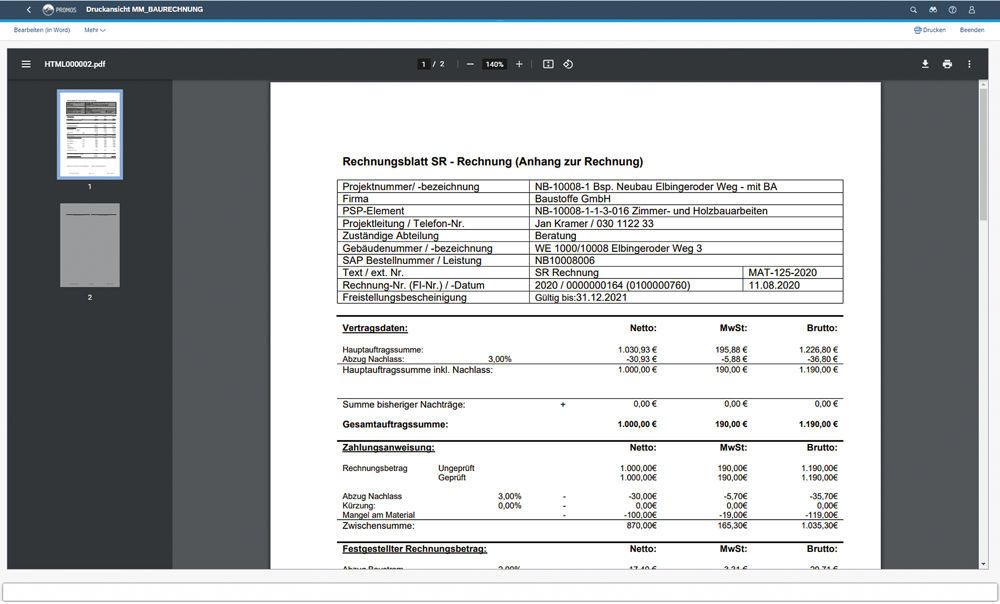 Figure 2: The PROMOS solution is ideal where further processing is required, for example to print a correspondence regarding the construction invoice. PROMOS Baurechnungsprüfblatt zur Weiterverarbeitung in Korrespondenzen