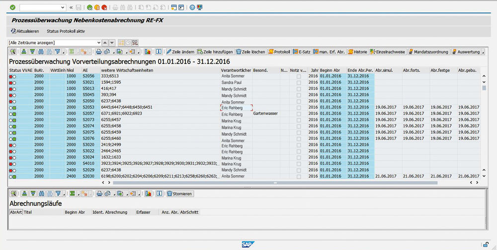 Figure 1: The settlement status of the MSU as well as the accounting entities linked to the MSU can be read at a glance in the Utilities Cockpit. PROMOS Nebenkosten Cockpit im Einsatz bei der SWSG