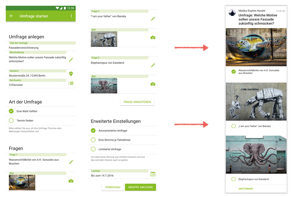 Abbildung 4: Es bestehen vielfältige Optionen, um Umfragen oder Terminauswahlen zu starten. Umfrage erstellen in der easysquare Nachbarschafts-App