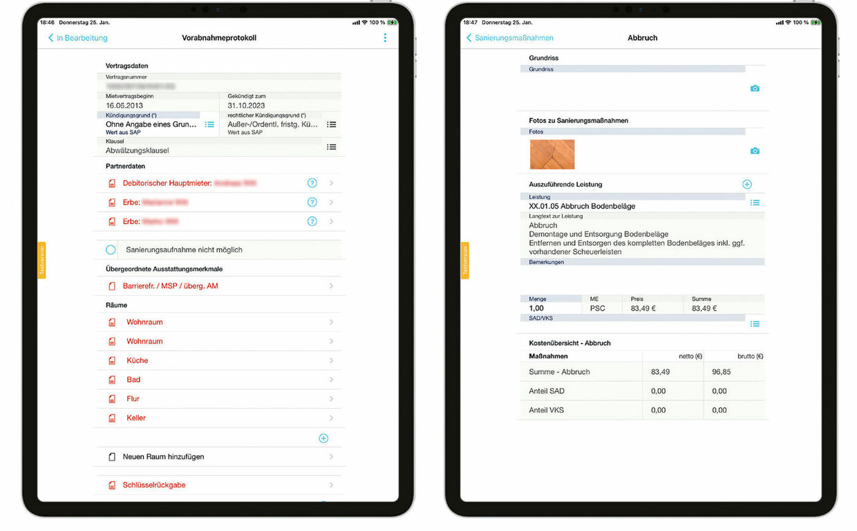 Figure 2: In the modernised residential property handover process, all data is automatically transferred to the ERP system. The digital renovation recording log includes all important data on the renovation measures.  Digitale Übergabeprotokolle in der easysquare Professional App von Gewobag