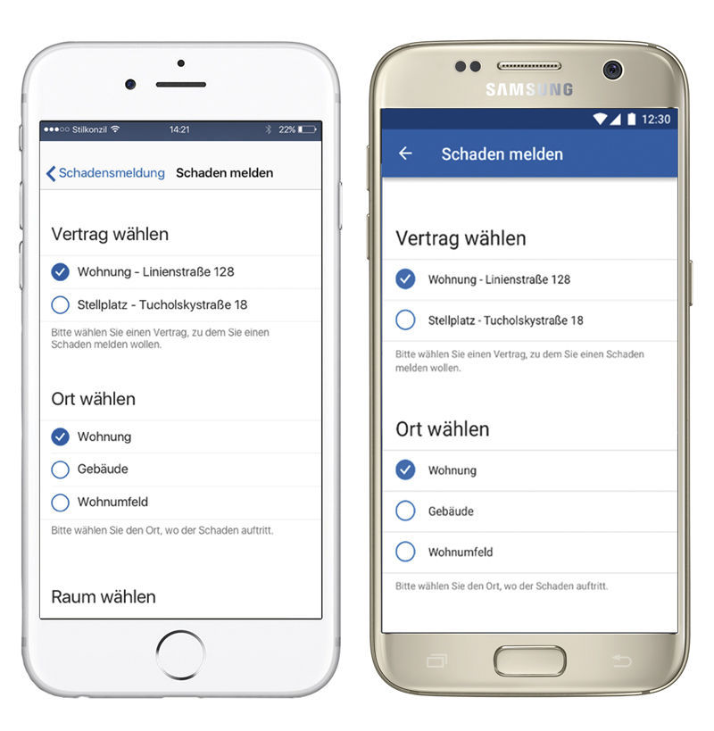 Figure 1: There are no differences between the two apps in terms of content. The forms have an identical structure. Vergleich der easysquare Kunden App zwischen iOS und Android